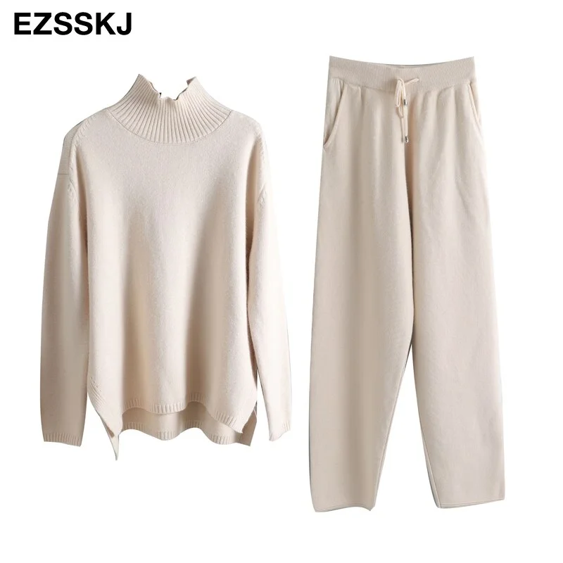 2 Pieces Set Women Knitted Tracksuit Turtleneck Sweater + Carrot Jogging Pants Pullover 2021  Sweater Set CHIC Knitted Outwear