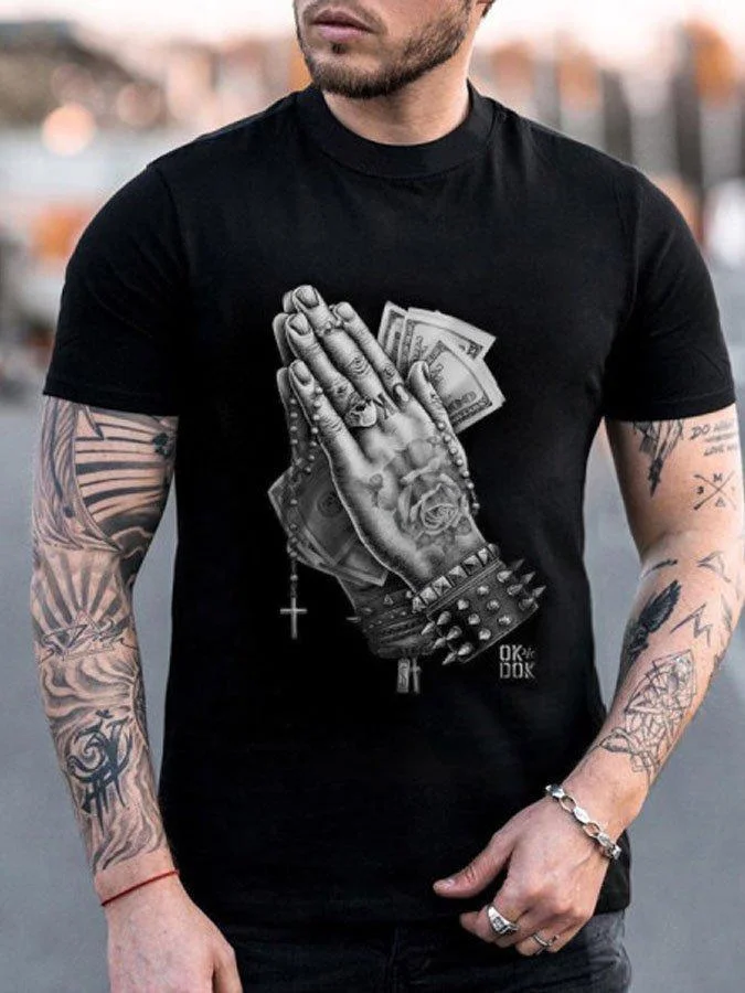 Black Printed Crew Neck Shirts & Tops