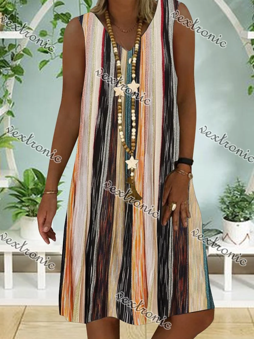 Women Sleeveless V-neck Striped Midi Dress