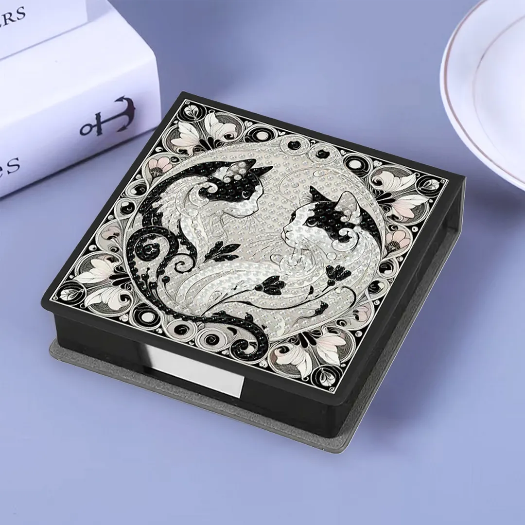 Cat 5D DIY PU Diamond Painting Kit Note Box with 160 Sheets Paper Memo Holder