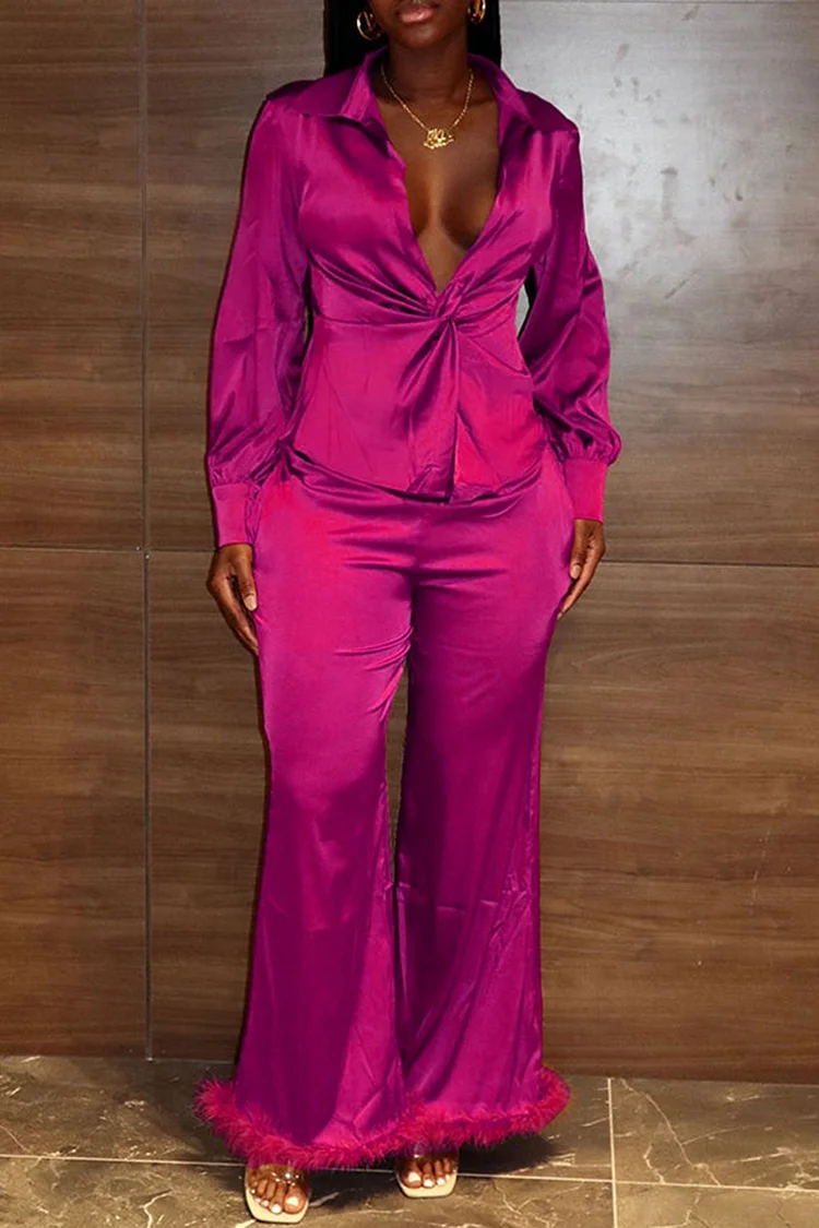 Plus Size Semi Formal Pants Set Hot Pink Long Sleeve Shirt Feather Two Piece Pants Set [Pre-Order]