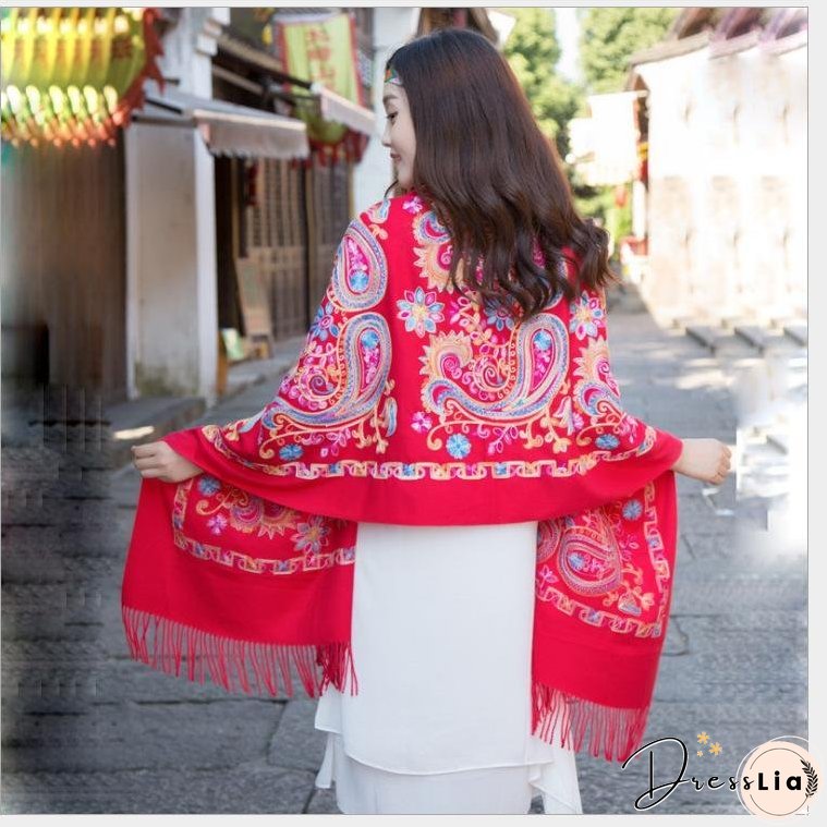 Tibetan and Nepal embroidered flower imitation cashmere scarf for women outside with sunscreen air-conditioning shawl