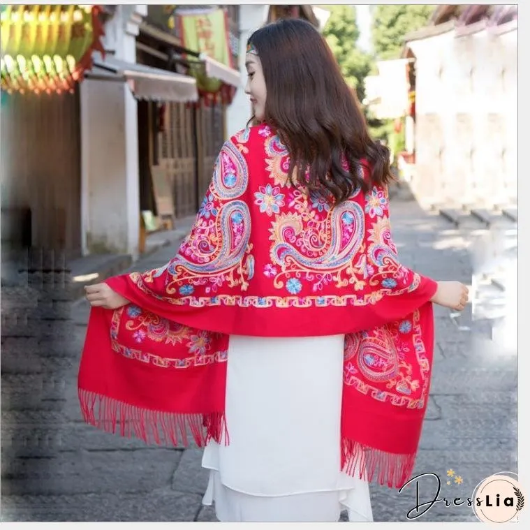 Tibetan and Nepal embroidered flower imitation cashmere scarf for women outside with sunscreen air-conditioning shawl