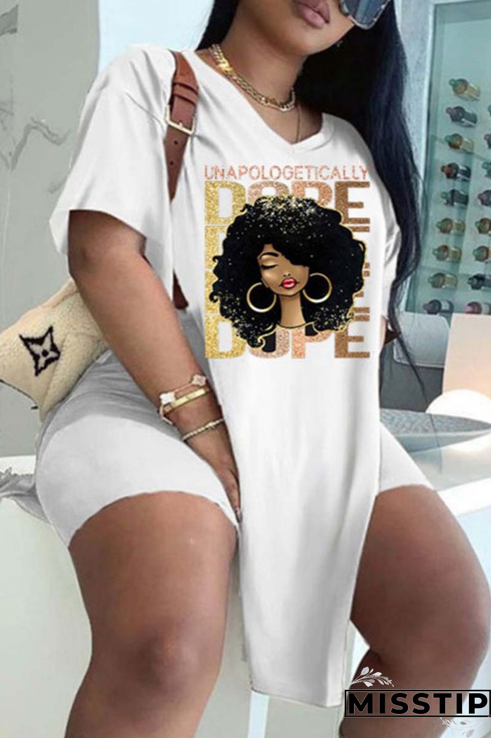 Black White Casual Print Patchwork V Neck Plus Size Two Pieces