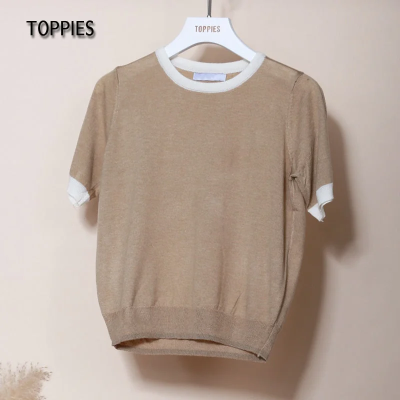 Toppies Summer Knitted T-shirts Women Short Sleeve Tops Tee Contrast Color Slim T-shirts O-neck Clothes