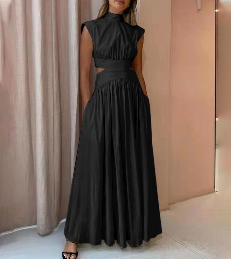 Rotimia Chic Stand Collar Sleeveless Sexy Waist Maxi Dress