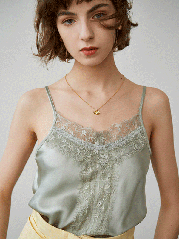 Light Green Sexy Lace Decorated Neckline Silk Camisoles