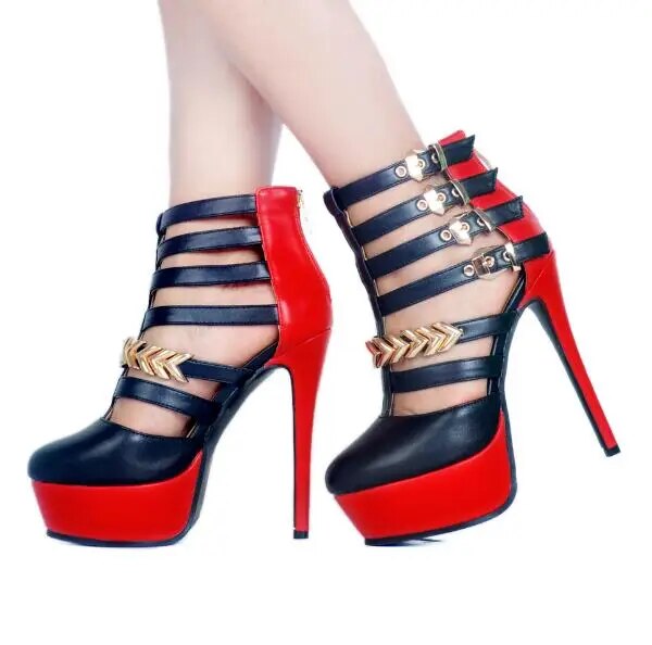 VCSHOES Woman Black Red Gold Patchwork Chains Buckles Round Toe Zip Back Platform Cuts Out High Heel Party Pumps 45