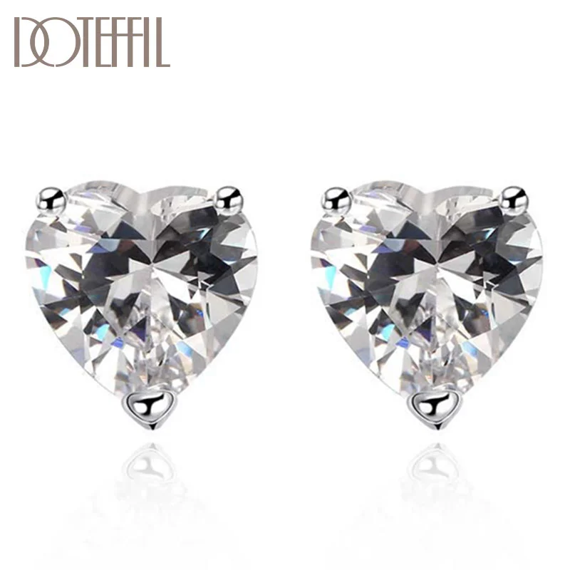 DOTEFFIL 925 Sterling Silver AAA Zircon Heart-Shaped Earrings Charm Women Jewelry 