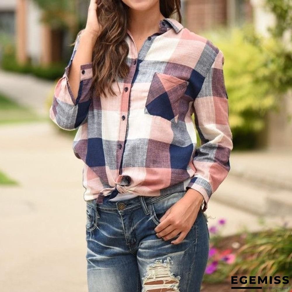 Fashion women Casual Matching Color Long Sleeve Button Loose Plaid Shirt Top Blouse | EGEMISS