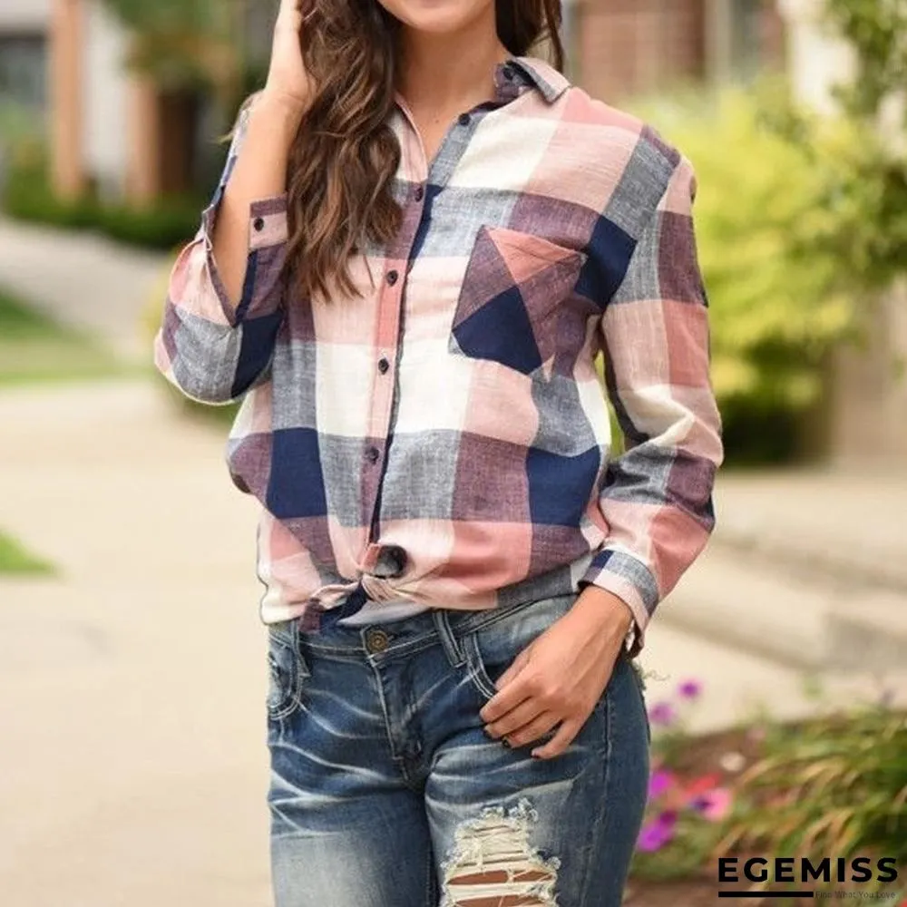 Fashion women Casual Matching Color Long Sleeve Button Loose Plaid Shirt Top Blouse | EGEMISS