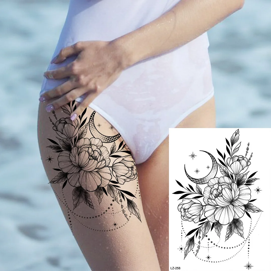 Sdrawing Rose Flower Moon Temporary Tattoos For Women Adult Pendant Peony Lotus Fake Tattoo Calf Thigh Body Art Waterproof Tatoos