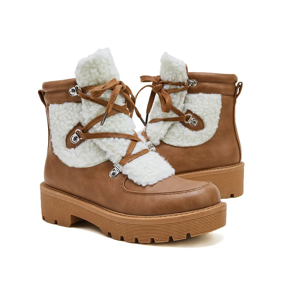 Women Faux Shearling Stiching Lace Up Snow Boots