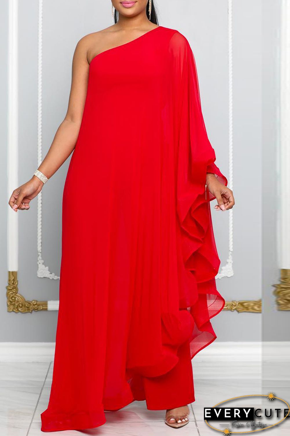 Blue Casual Daily Elegant Patchwork Solid Color One Shoulder Regular Jumpsuits