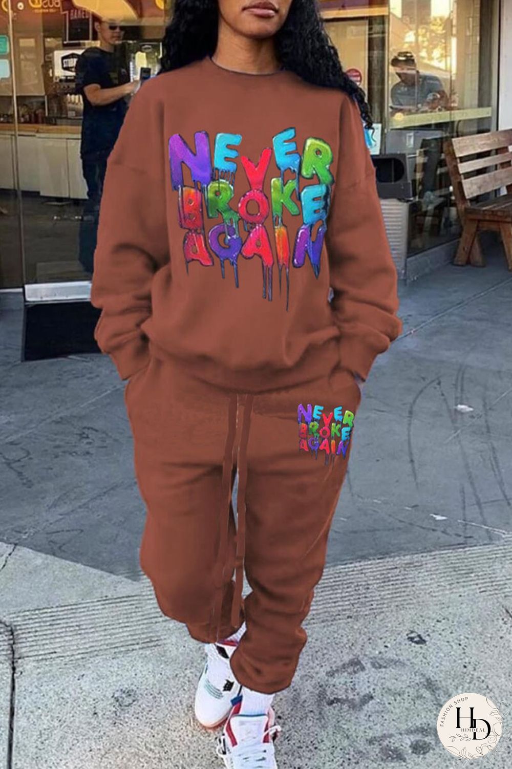 Black Street Print O Neck Long Sleeve Two Pieces