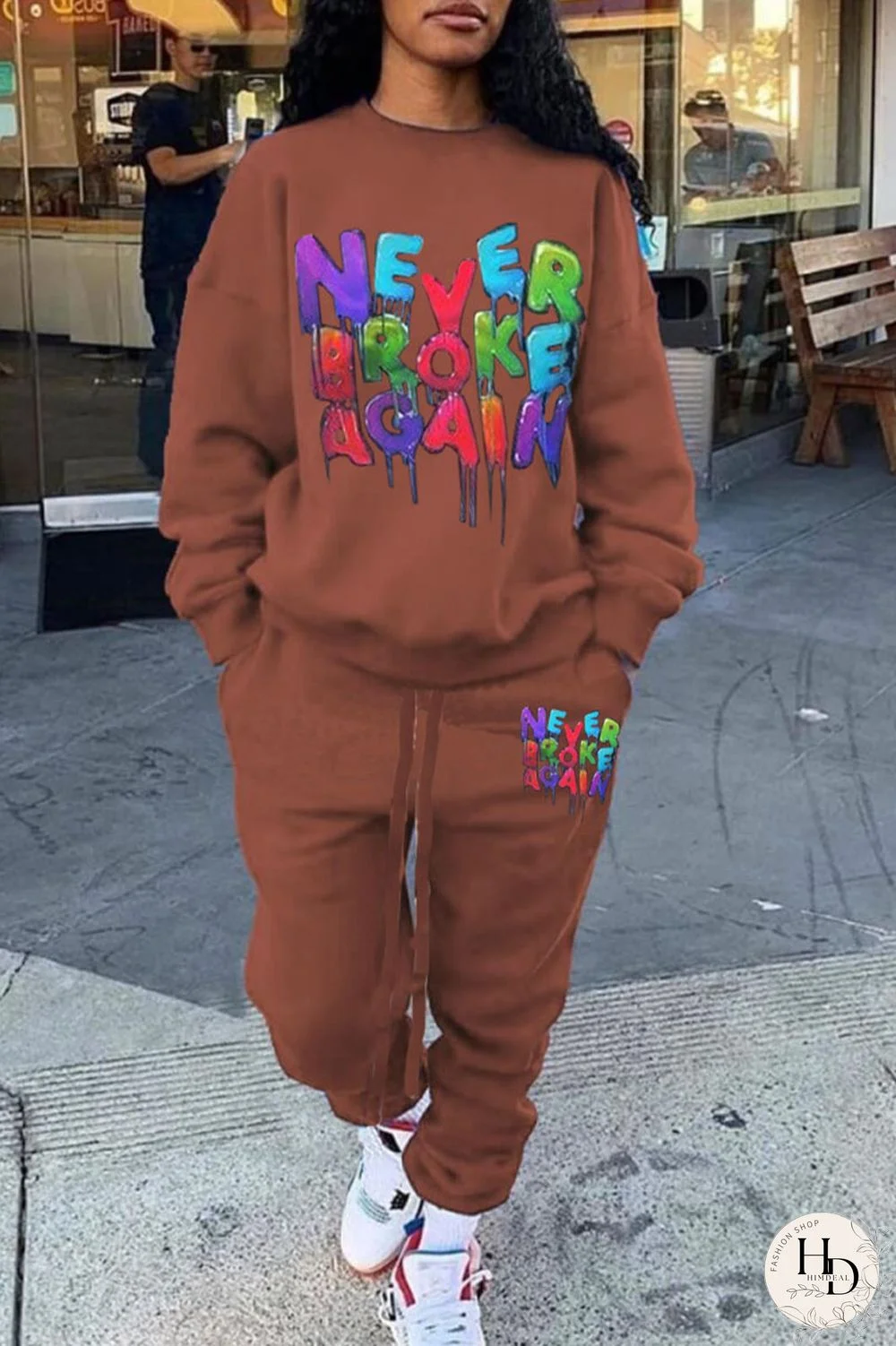 Black Street Print O Neck Long Sleeve Two Pieces