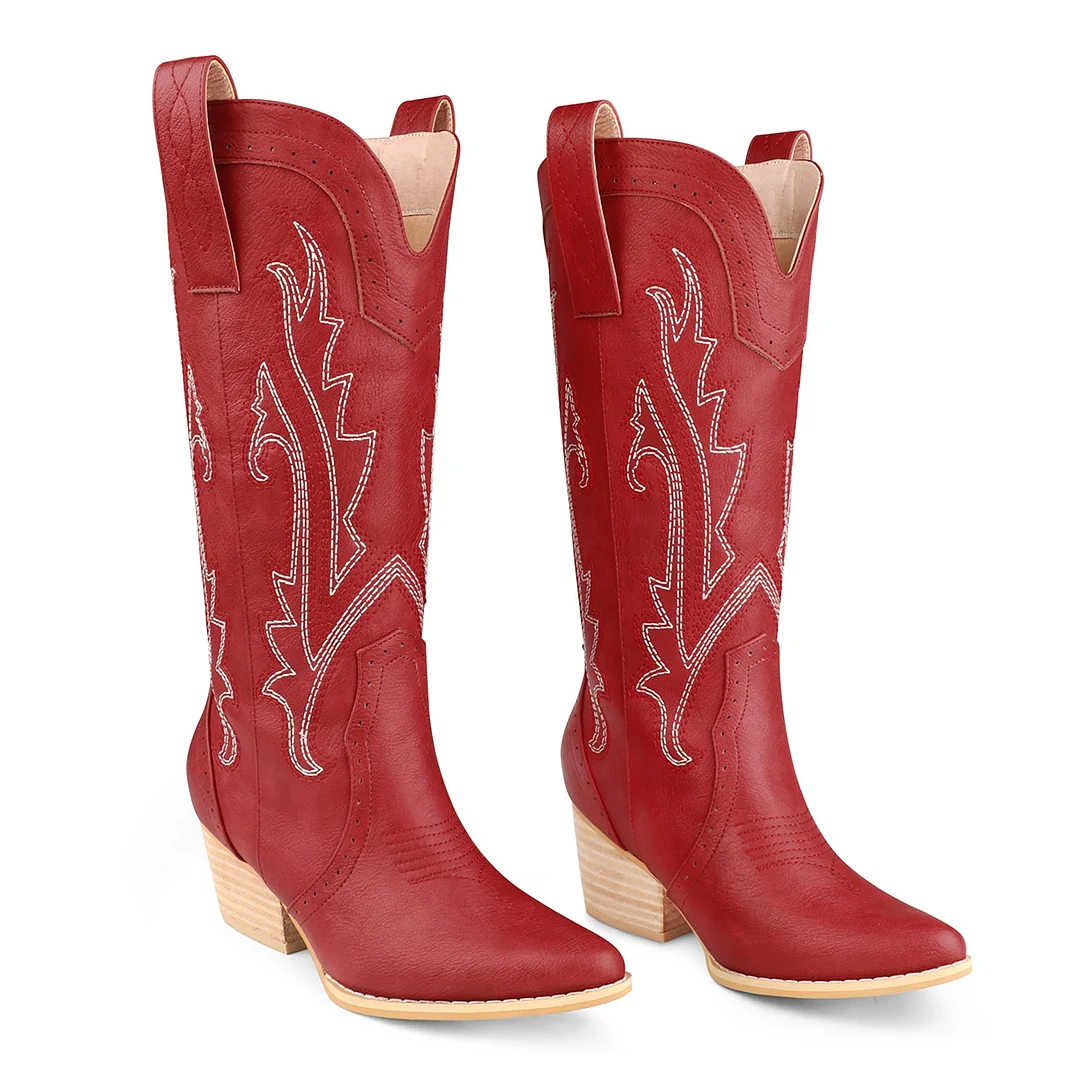 2" Women's Pointed Toe Embroidered Cowboy Boots Vintage Style Western Cowgirl Boots-MERUMOTE