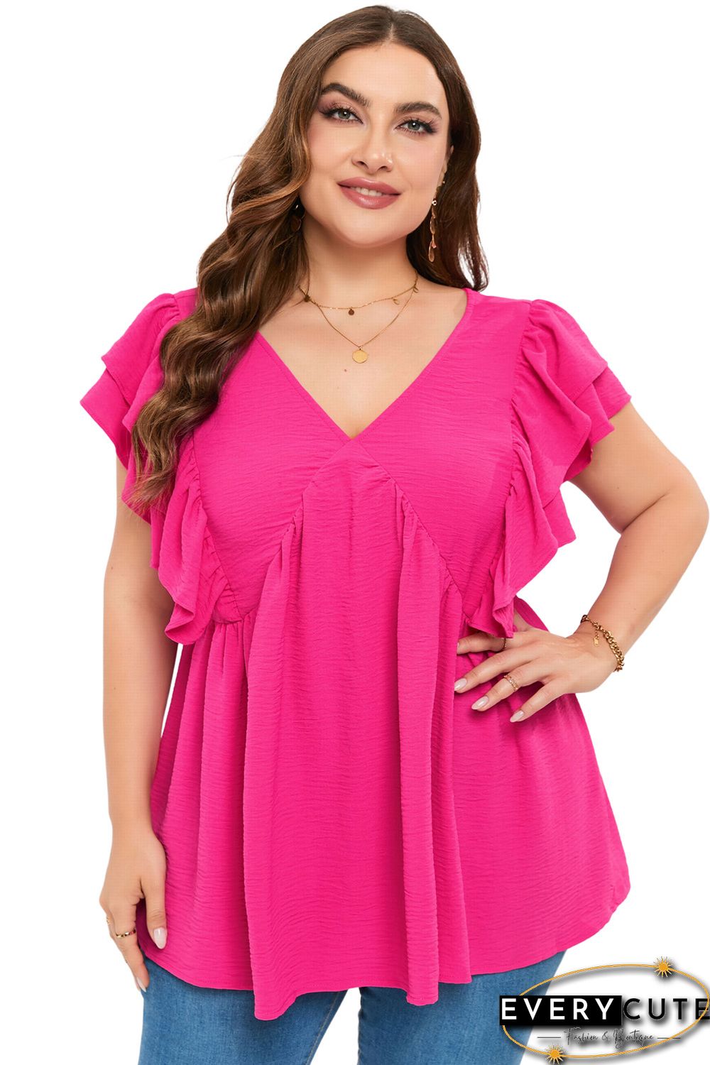 Plus Size Ruffle V Neck Tie Back Tunic Top