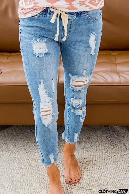 Ripped Drawstring Denim Jogger