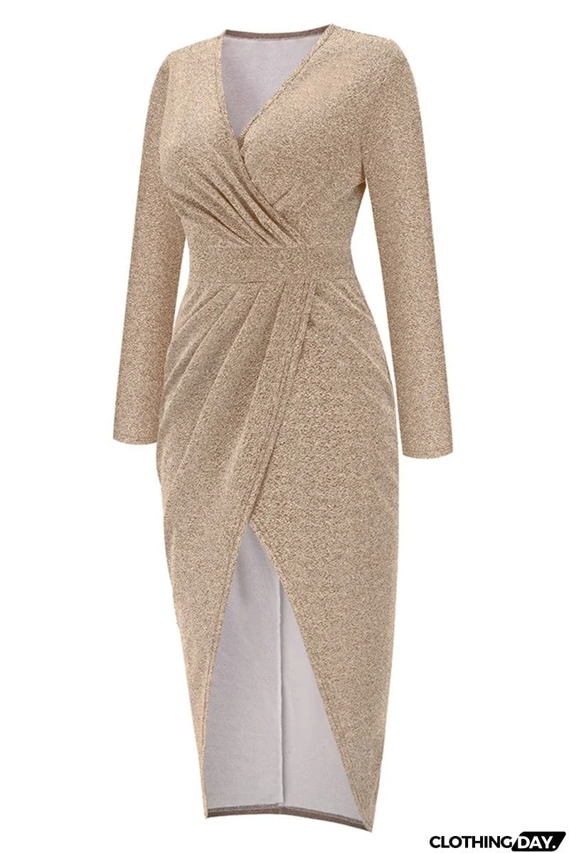 Sweet Elegant Solid Bronzing Sequins V Neck One Step Skirt Dresses(3 Colors)