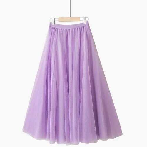 Elegant Tulle Lace Skirt Women  Spring Summer Korean Fashion Aesthetic Solid A Line High Waist Mesh Long Skirt Female