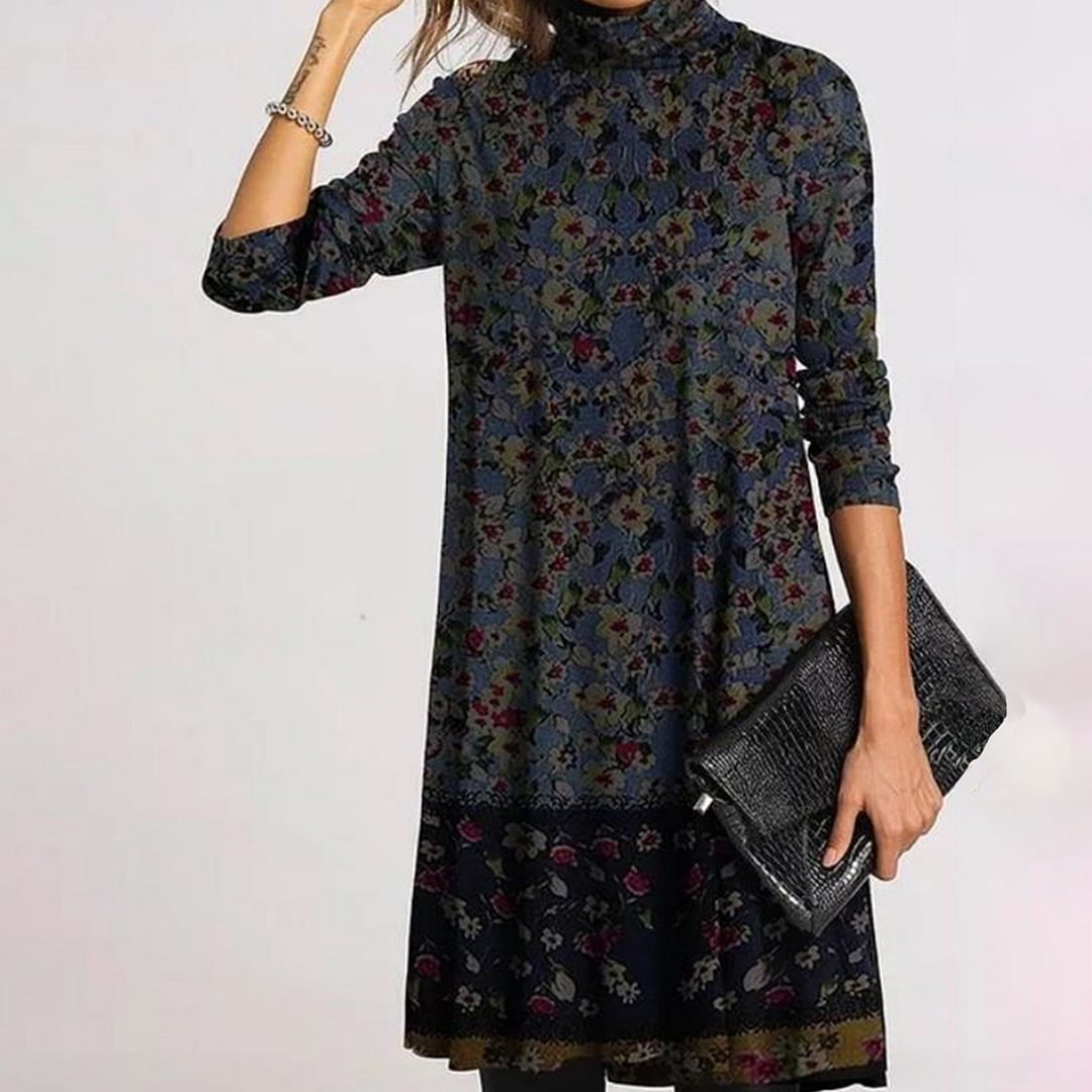 Casual Printed Stack Neck Long Sleeve Dress