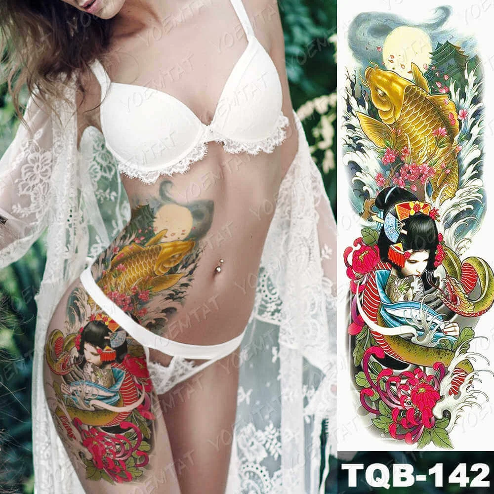 Large Arm Sleeve Tattoo Japanese Geisha Waterproof Temporary Tatto Sticker Samurai Waist Leg Body Art Full Fake Tatoo Women Men