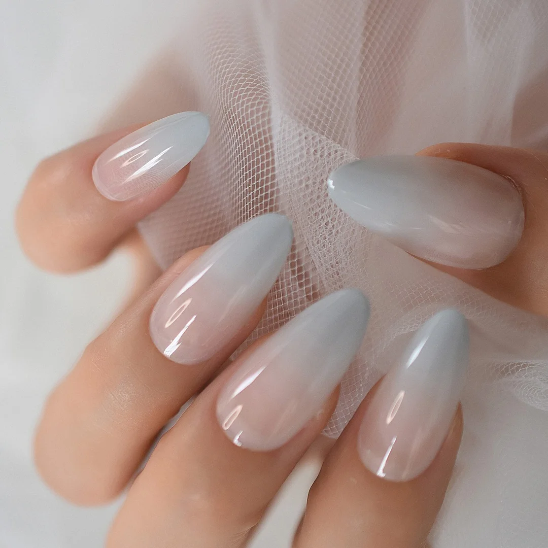 Medium Almond Fadeing Layered Gray&White Gel Tips Decoration Nails False Hand Dummy Stick On Nails Full Cover Nails Charming 24P-Nail Inspo