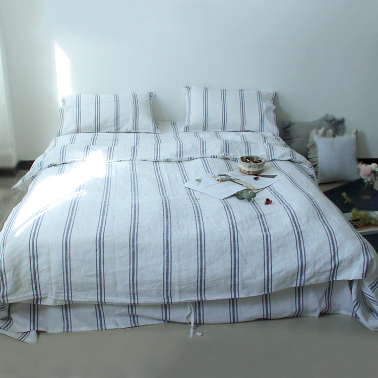 4pcs | 100% Flax Linen Duvet Cover Set With White Stripes-ChouChouHome