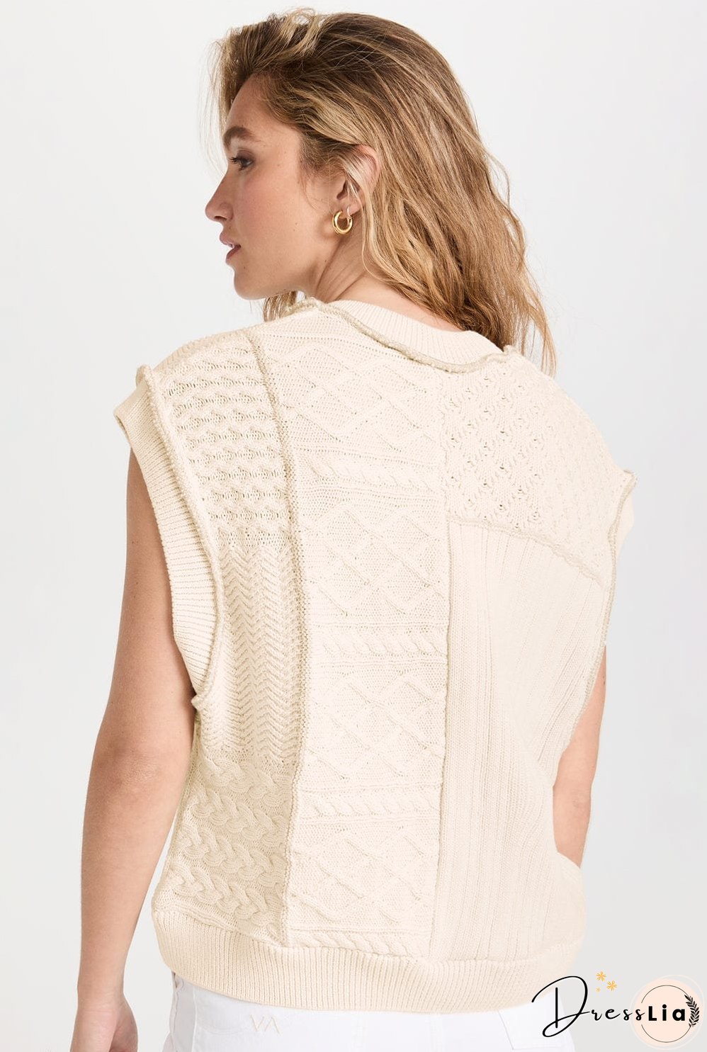 Beige Slouchy Cable Knit Dolman Sleeveless Sweater Vest