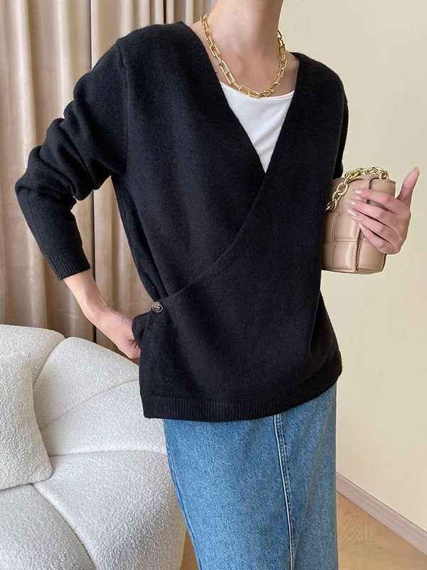 Buttoned Asymmetric Loose Long Sleeves V-neck Sweater Tops