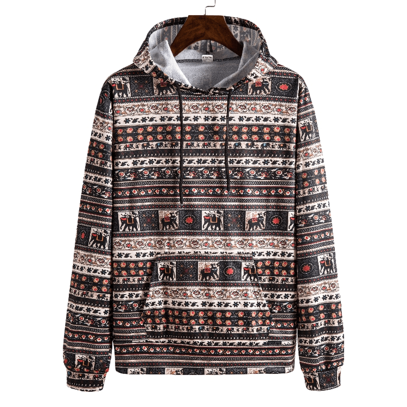 Printed Retro Ethnic Style Men'S plus Size Hooded Sweater