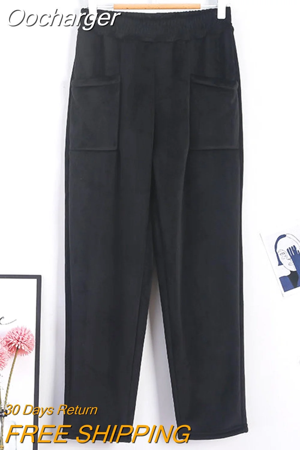 Oocharger Pants Warm Trousers Women Corduroy Autumn Winter 2023 Thick Pants Casual Solid Fleece Inside Elastic Waist Harem