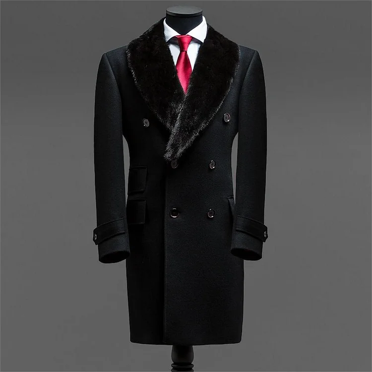 Men's Plus Lined Pockets Mid Length Double Breasted Windproof Fur Collar Overcoat