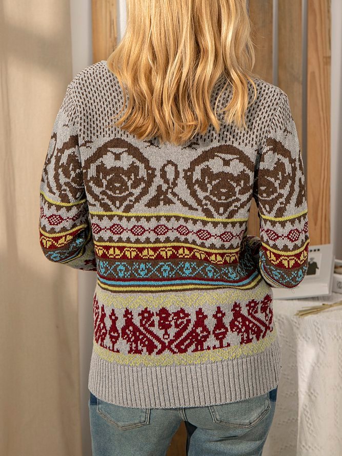 Gray V Neck Shift Casual Crocheted Sweater