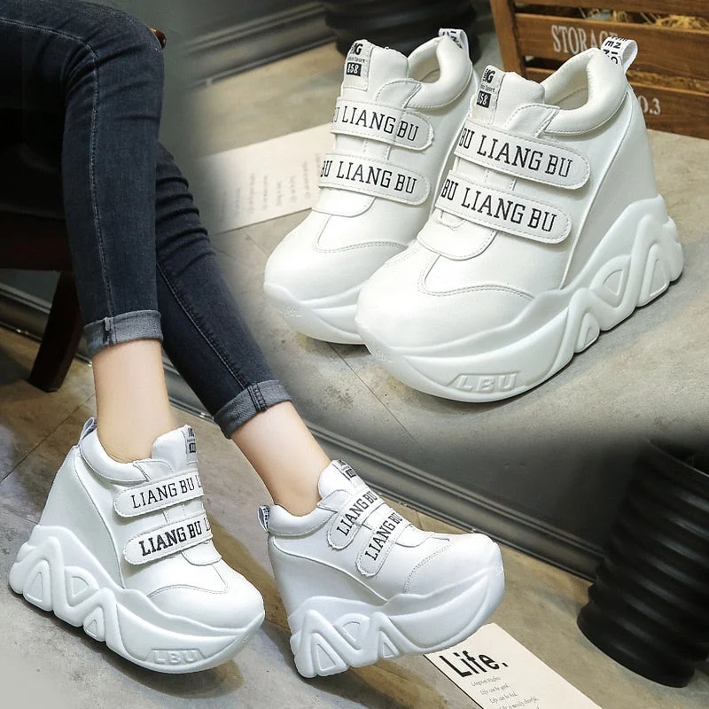 12 Cm Super Hign Wedge Sneakers Woman Auutmn 2018 Leahter Female Casual Shoes Hook Loop Comfortable Platform Sneakers