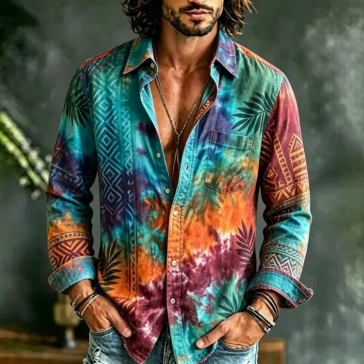Men's Vintage Floral Gradient Art Print Long Sleeves Linen Shirt