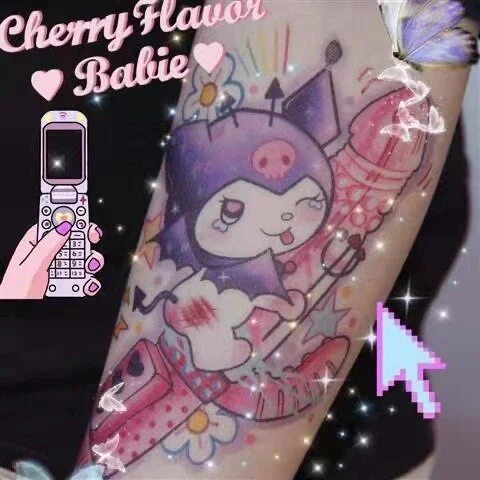 Sdrawing Temporary Tattoo Sticker Anime Cartoon Cute Pink Hair Girl Flower Necklace Fake Tatto Flash Tatoo Art for Women Men