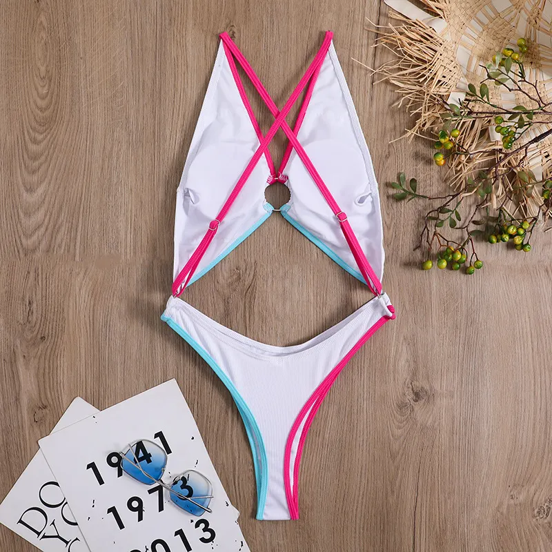 Churchf 2023 New Sexy Leak Back-Colored Pit Strip Conjoined Swimsuit Bikini Bikini