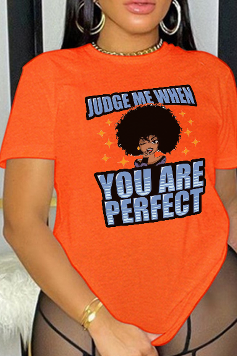Orange Daily Vintage Print Patchwork Letter O Neck T-Shirts