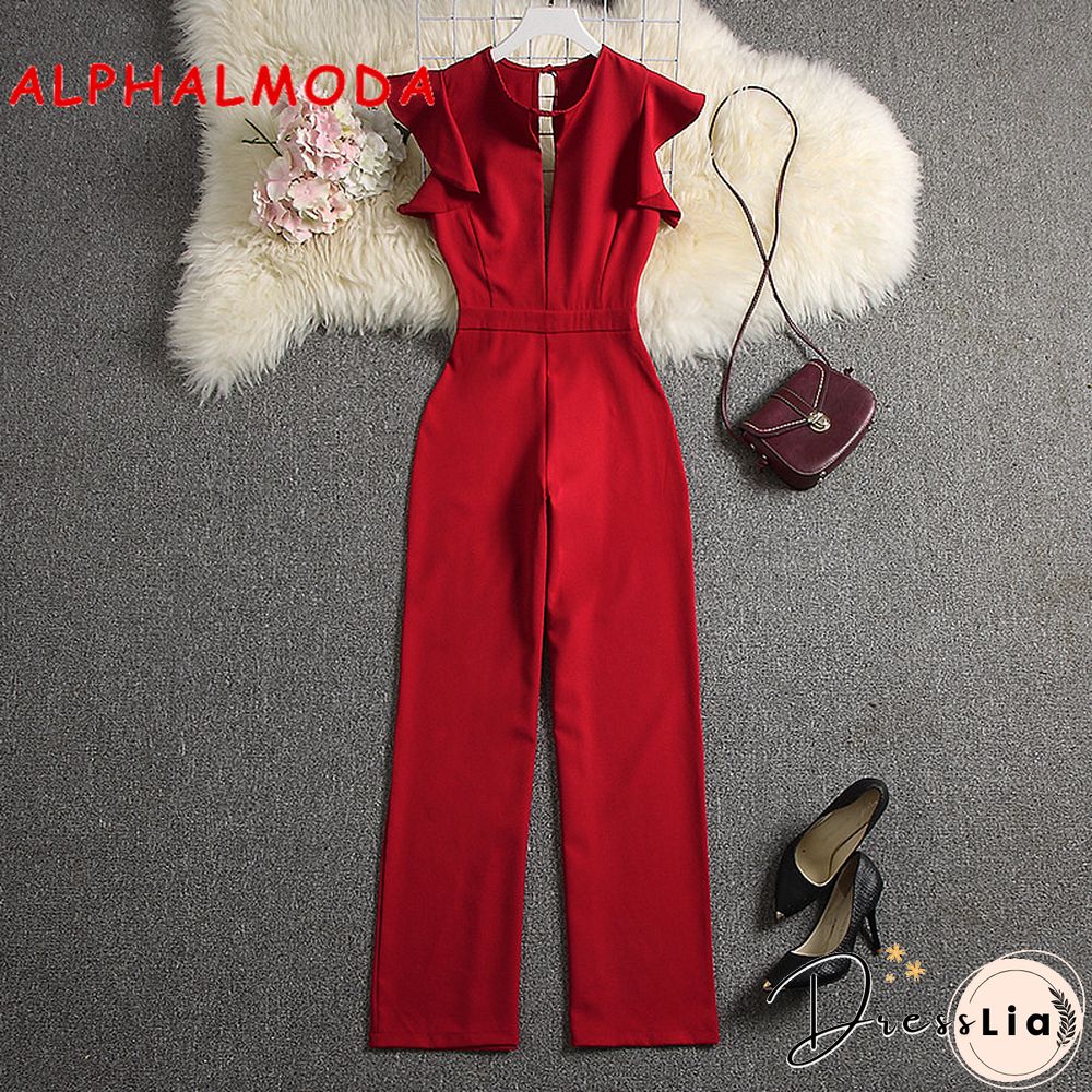 ALPHALMODA Summer Women Deep V-neck Sexy Jumpsuits Solid Color Straight Full Length Pants Ladies Party Overall Outfit