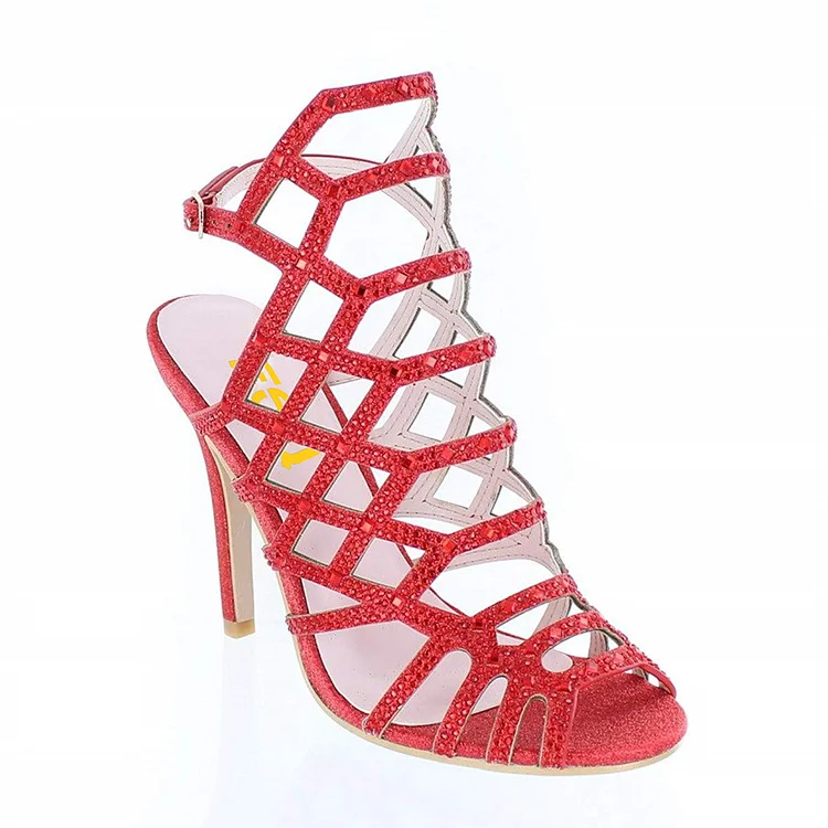 Custom Made Red Glitter Cage Sandals |FSJ Shoes
