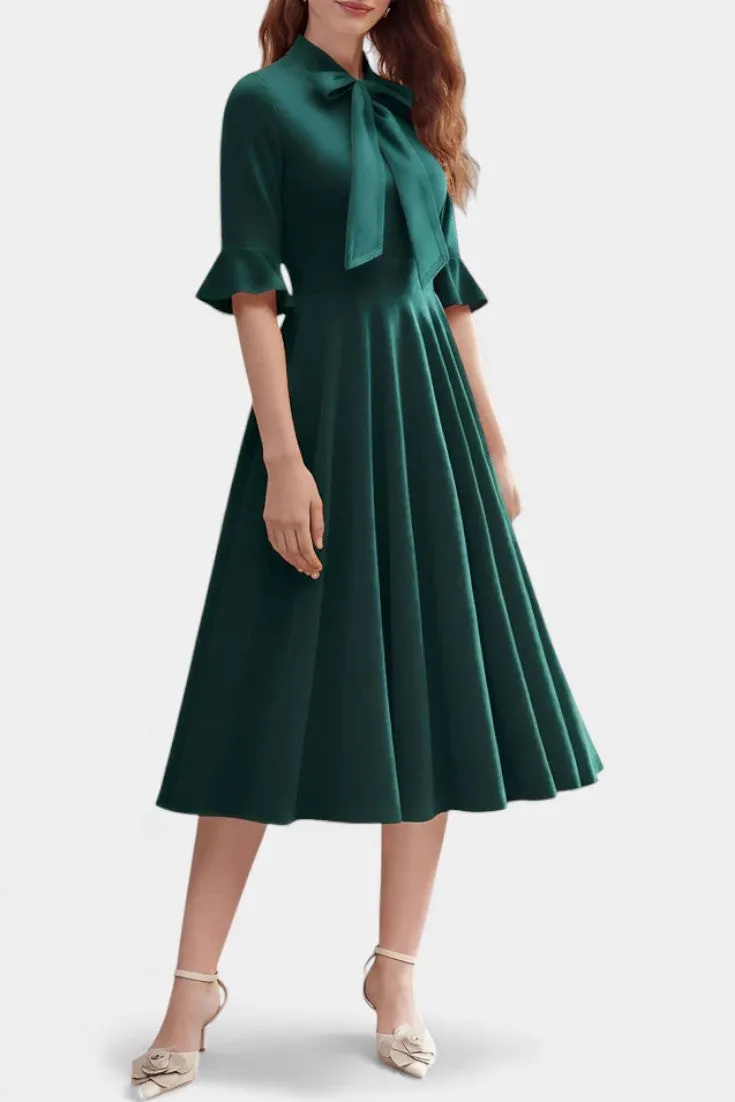 Elegant Bow-Neckline Midi Dress with Ruffled Sleeves