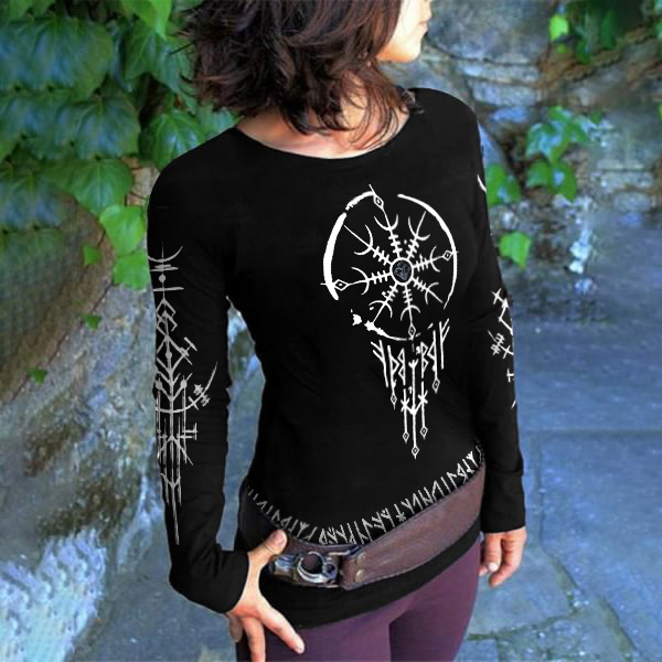Tribal Totem Text Printed Round Neck Long Sleeved T-Shirt elevenforest