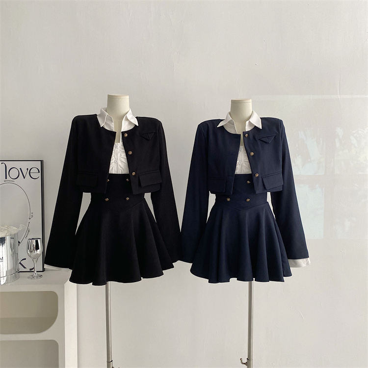 Y2K 3 Piece Set Women Cropped Coat + Long Sleeve Shirt + High Waist Halter Ruffles Mini Dress Korean Chic Fashion Sexy Outfits