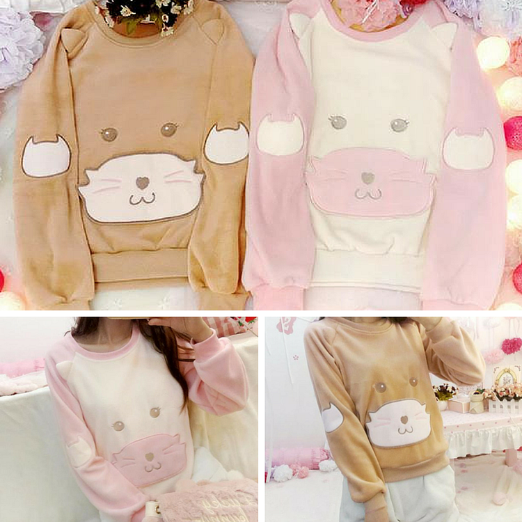 S/M/L Pink/Brown Kawaii Neko Cat Embroidery Fleece Jumper SP165490
