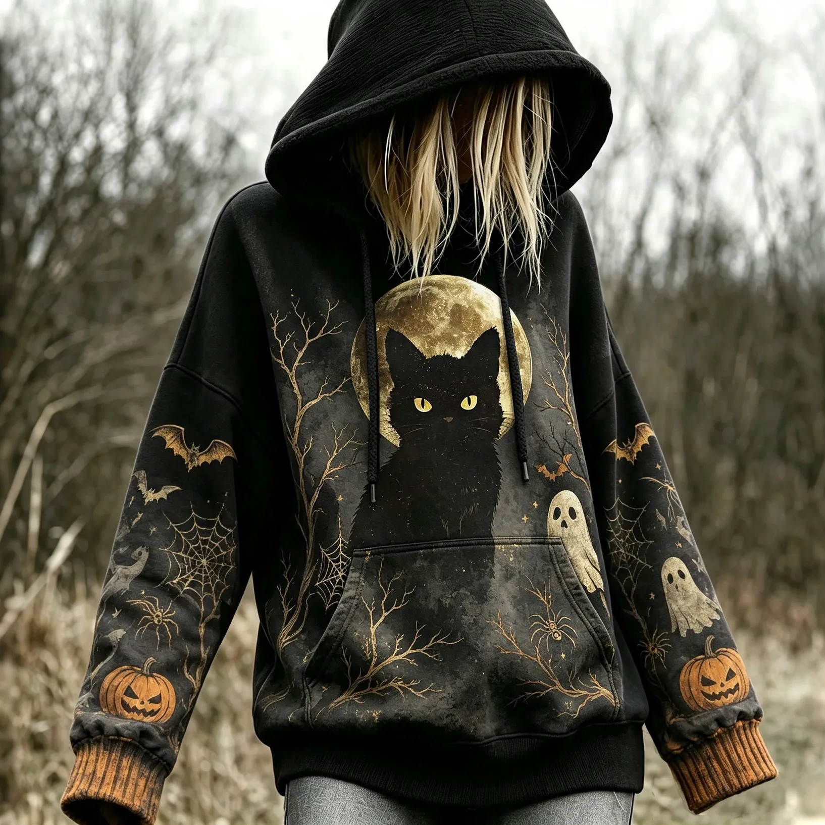 Comstylish Women's Black Cat Moonlit Night Halloween Design Hoodie