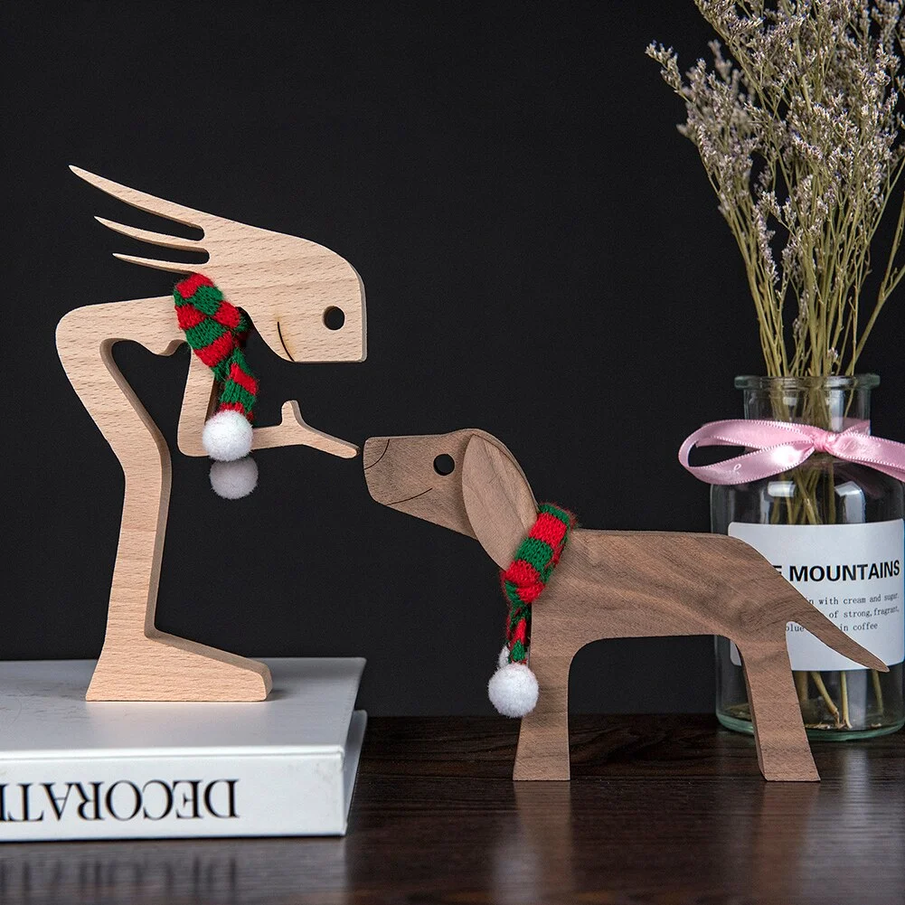 Wood Dog DIY Figurines Miniatures A Man A Dog Christmas Gift Home Decor Ornament Carving Model Creative Decoration Pet Sculpture