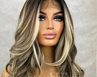 pornhint Pornhint Wicked Game - Wavy Money Piece Brunette Brown Wig Ash Blonde Highlights Hair Lace Front Straight Blonde Streaks Human Hair Blends