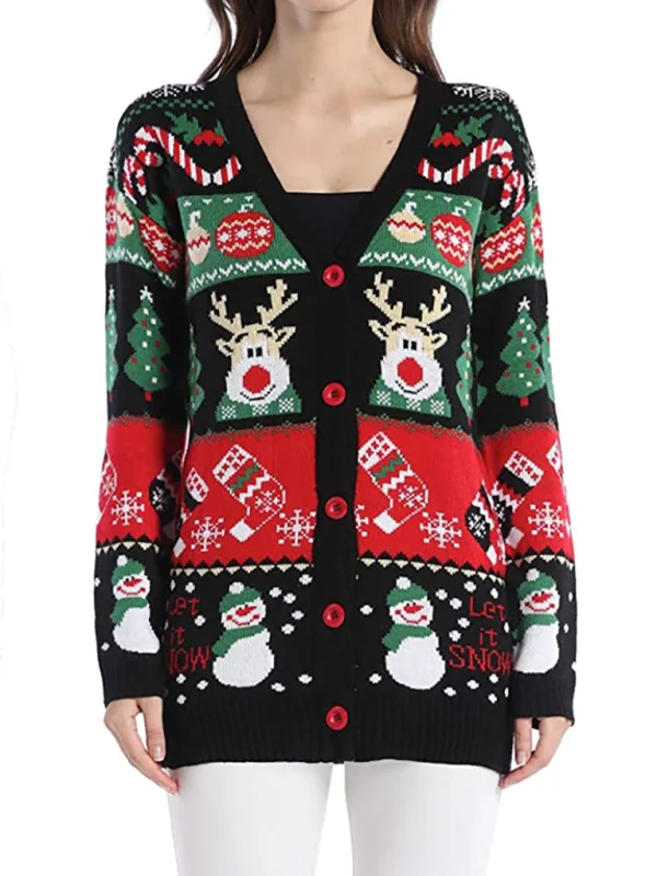 V-Neck Jacquard Christmas Drop-Sleeve Sweater Flusfy